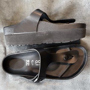 NEW BIRKENSTOCK Womens Black Gizeh Toe Platform Slip On Leather Thong Sandals 38
